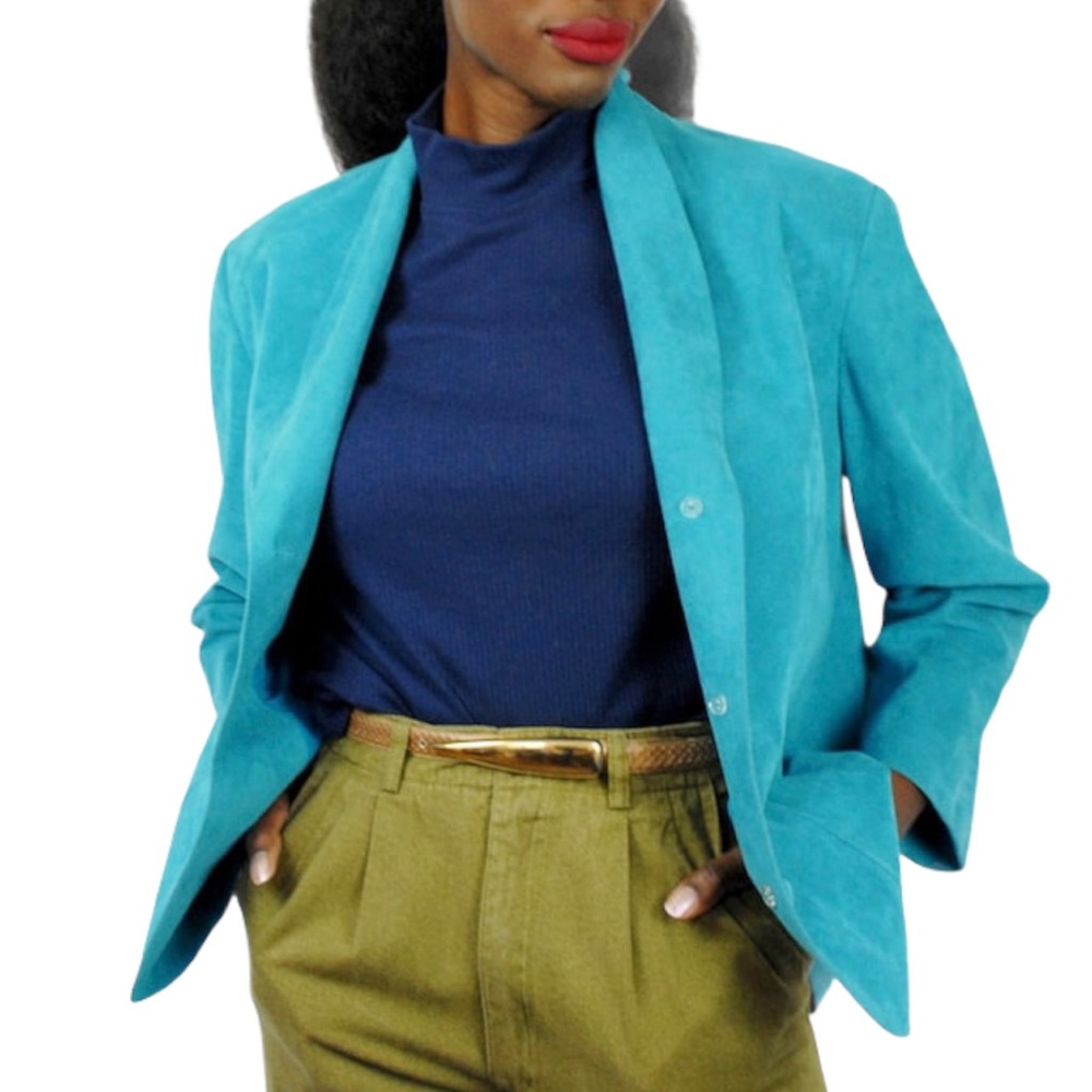Vintage Aquamarine Suede Leather Jacket Blazer M L